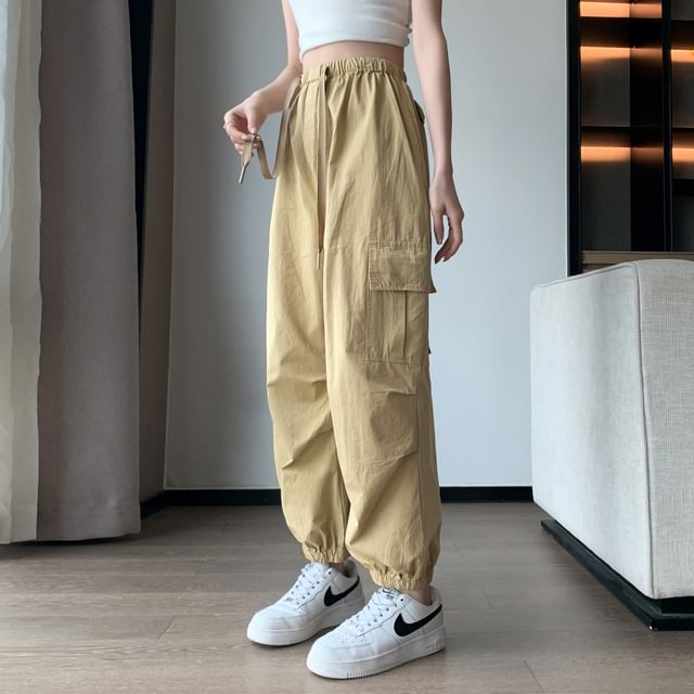 Waist Plain Pants Drawstring Cargo Harem Cropped