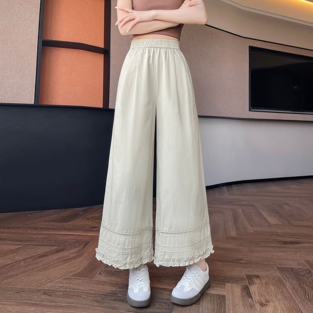 Lace Pants Panel Wide High Cropped Plain Frill Trim Leg Rise