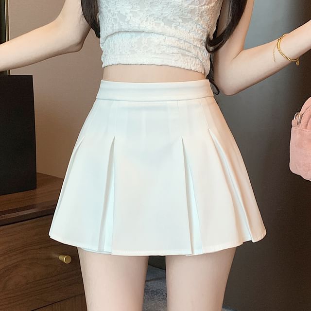 A-Line Waist Mini Pleated High Skort Plain