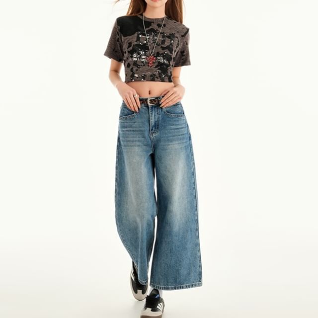 Leg Wide Cropped Washed Rise Mid Jeans