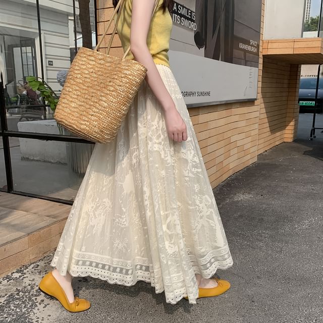 Lace Skirt High Waist A-Line Midi