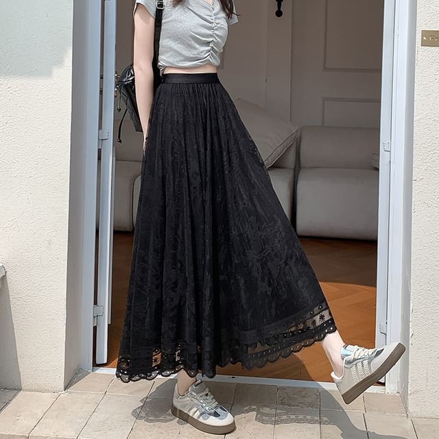 Lace Skirt High Waist A-Line Midi