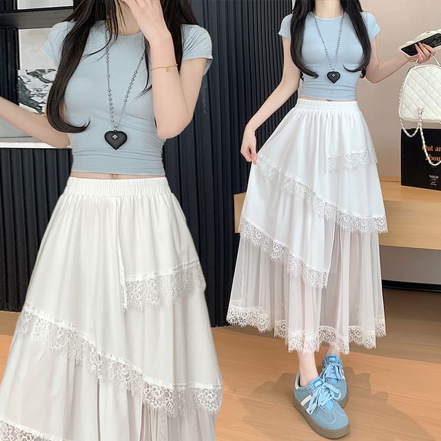 Midi High Waist Panel Lace Asymmetrical A-Line Mesh Skirt Trim