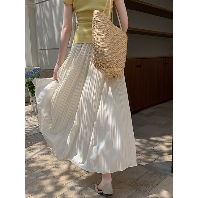 A-Line Skirt Rise Pleated Midi Plain High