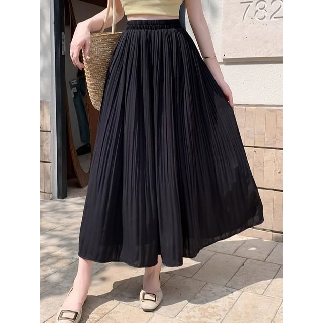 A-Line Skirt Rise Pleated Midi Plain High