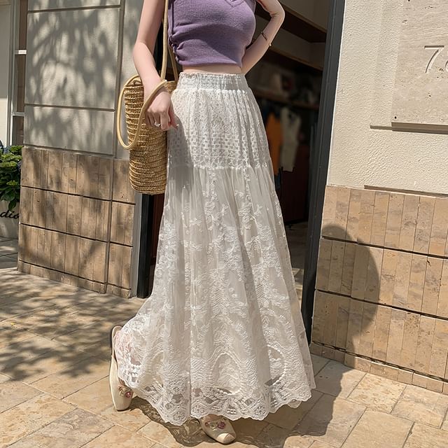 Lace Skirt Maxi High Waist A-Line