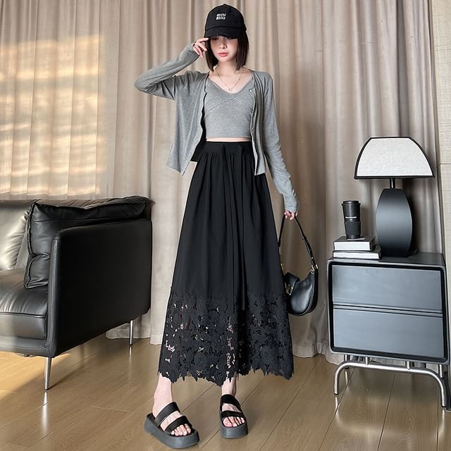 A-Line Panel Waist Lace Plain Midi High Skirt