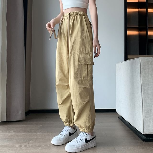 Waist Plain Pants Drawstring Cargo Harem Cropped