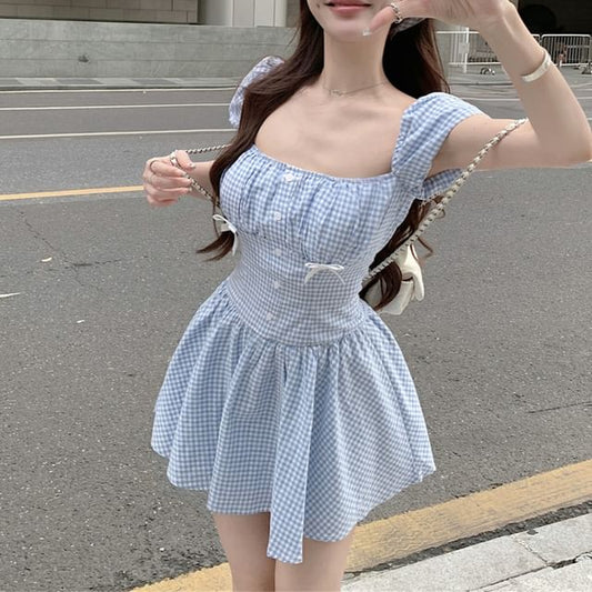 / Puff-Sleeve Mini A-Line Bow Dress Gingham Kerchief