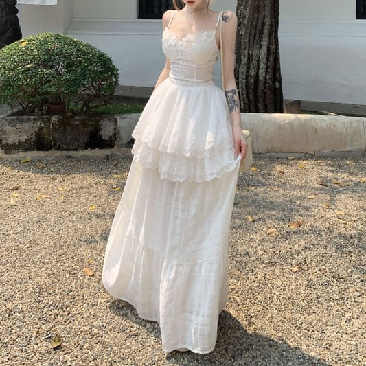 Peplum Top Skirt Maxi Camisole / Trim A-Line Waist Plain High Lace