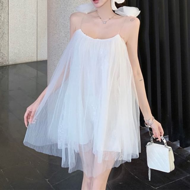Sundress Mini Plain Mesh Spaghetti Detail Flower Strap