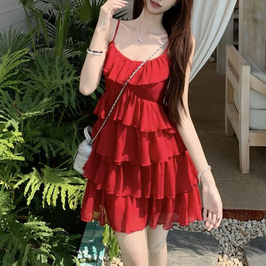 Strap Mini Sundress Spaghetti Ruffle Plain