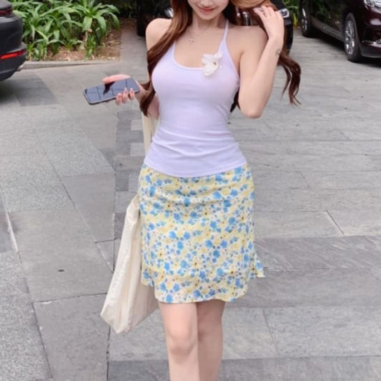 Rise High Flower Pencil Detail Halter Skirt Neck / Mini Floral Top Scoop Plain