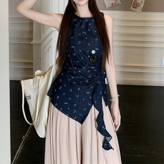 High Wide Pants Leg / Asymmetrical Floral Tank Plain Rise Top