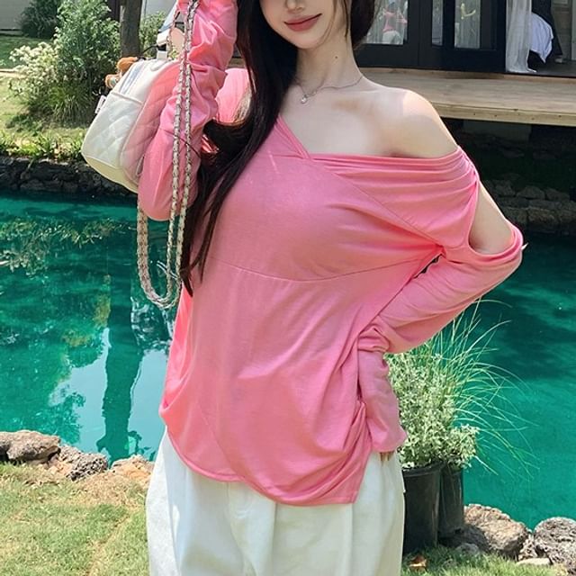 Plain Long-Sleeve Asymmetrical T-Shirt One-Shoulder