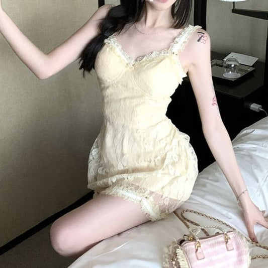 Mini Strap Lace Dress Floral Bodycon Spaghetti