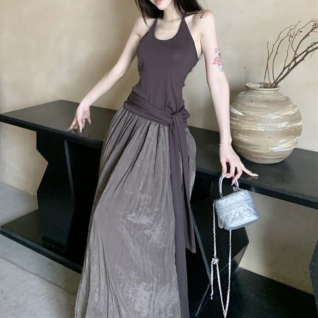 Tie / Scoop Top Waist Maxi Plain Halter A-Line Neck Skirt High