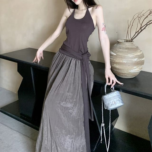 Tie / Scoop Top Waist Maxi Plain Halter A-Line Neck Skirt High