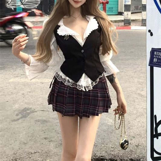 Puff-Sleeve / Blouse Skirt Mini Lace Cami Button-Up A-Line High Striped Top Waist Pleated Plaid Plain Trim