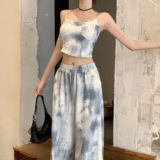 Wide Tie Cropped Top Waist Neck Drawstring Pants Leg Scoop Dye / Camisole