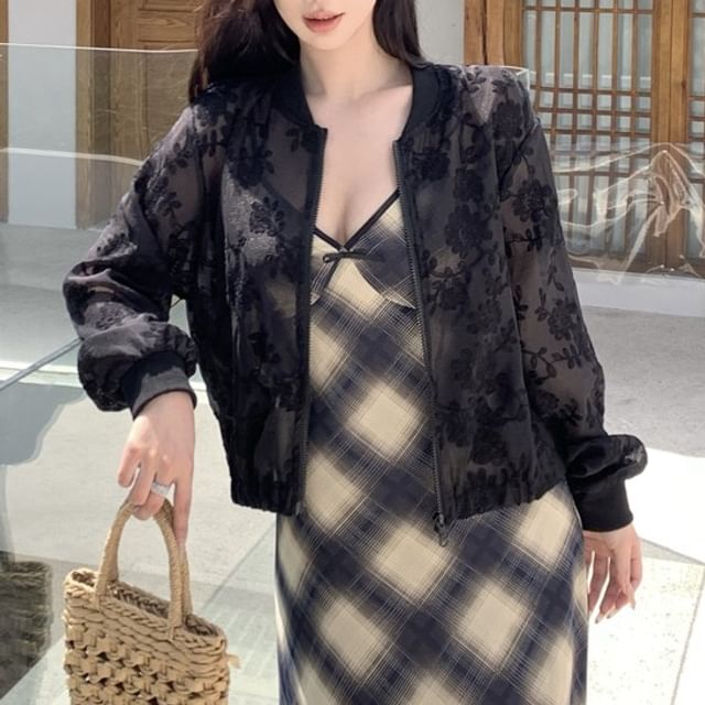 Flower Zip Sheer Jacket Embroidered