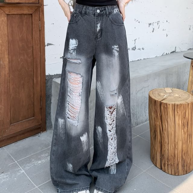 Wide Splash Jeans Distressed Print Leg High Waist Washed