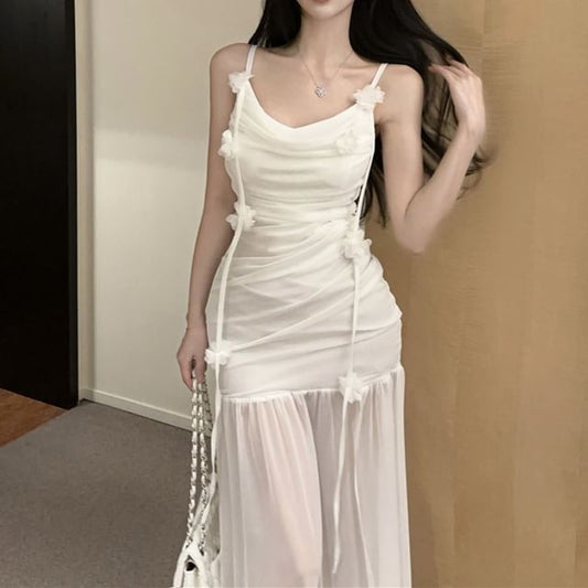 Maxi Plain Strap Ruched Spaghetti Detail Dress Flower Mermaid Side-Slit