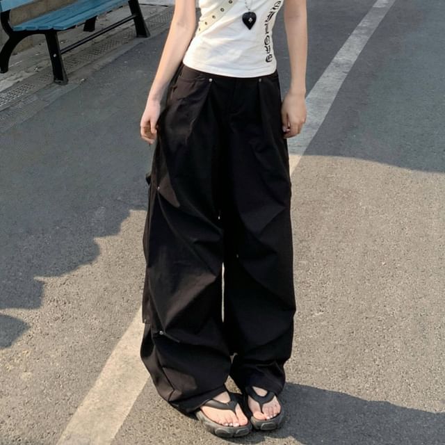 Ruched Waist Pants Wide Plain Mid Leg