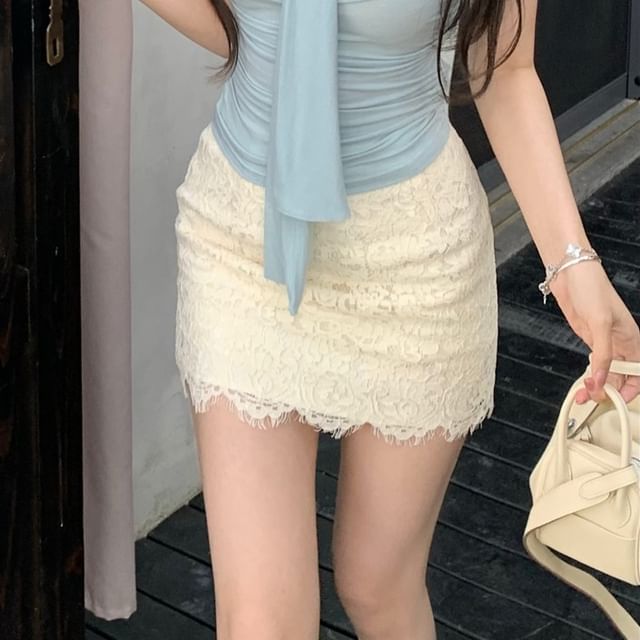 Mini Tie-Neck Pencil / Top Skirt Plain Lace Rise High Tank