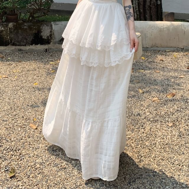 Peplum Top Skirt Maxi Camisole / Trim A-Line Waist Plain High Lace