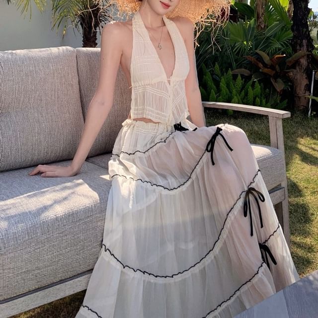 Low Skirt Maxi A-Line Cropped Plain Top Rise Halter V-Neck Set: Asymmetrical +