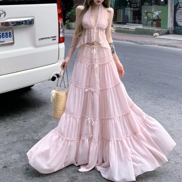 Low Skirt Maxi A-Line Cropped Plain Top Rise Halter V-Neck Set: Asymmetrical +