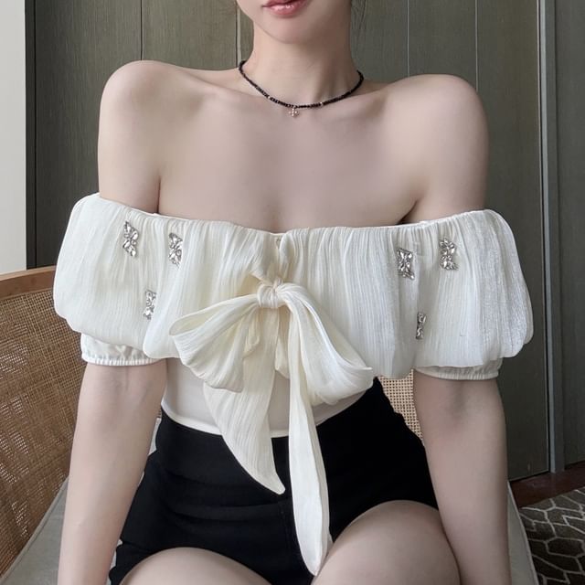 Blouse Puff-Sleeve Plain Off-Shoulder Rhinestone Bow