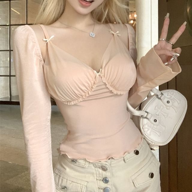 T-Shirt Panel Edge Lettuce Plain V-Neck Long-Sleeve Mesh Mock Two-Piece