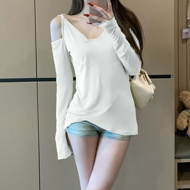 Plain Long-Sleeve Asymmetrical T-Shirt One-Shoulder