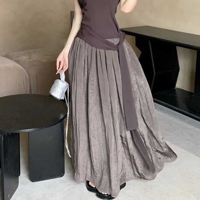 Tie / Scoop Top Waist Maxi Plain Halter A-Line Neck Skirt High