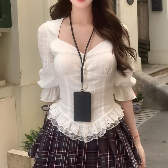 Puff-Sleeve / Blouse Skirt Mini Lace Cami Button-Up A-Line High Striped Top Waist Pleated Plaid Plain Trim