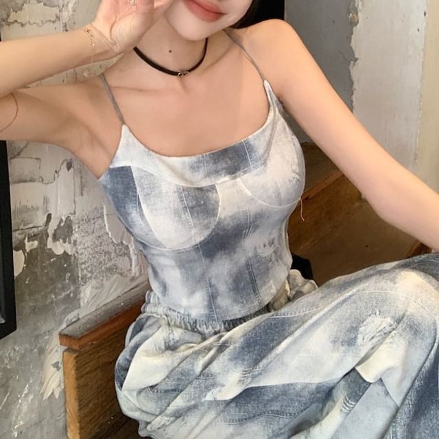 Wide Tie Cropped Top Waist Neck Drawstring Pants Leg Scoop Dye / Camisole