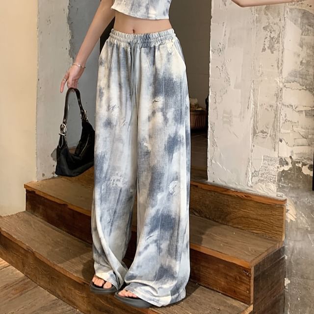 Wide Tie Cropped Top Waist Neck Drawstring Pants Leg Scoop Dye / Camisole