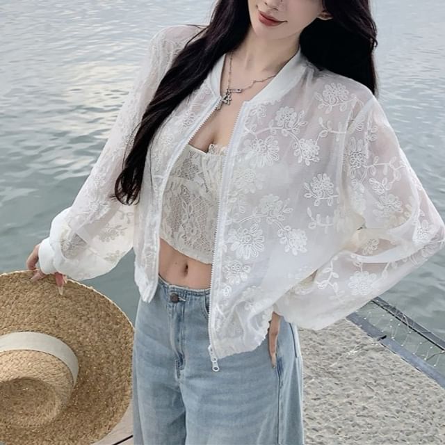 Flower Zip Sheer Jacket Embroidered