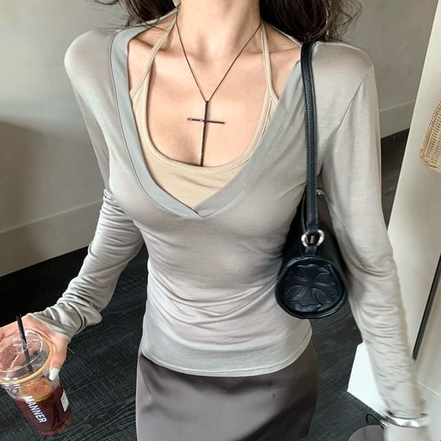 Neck Plain Top Long-Sleeve / Halter V-Neck Tee Scoop