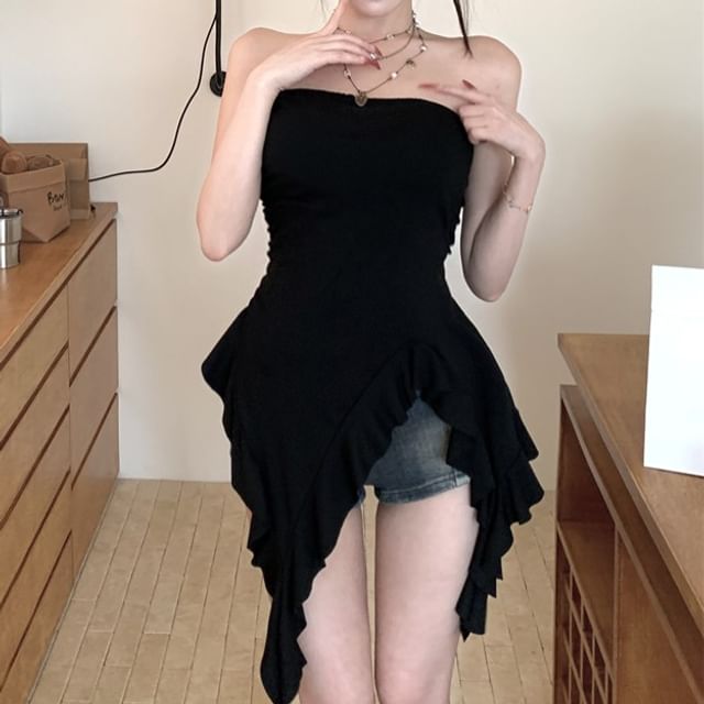 Asymmetrical Plain Strapless Ruffle Top