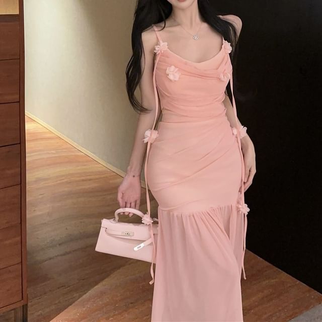 Maxi Plain Strap Ruched Spaghetti Detail Dress Flower Mermaid Side-Slit