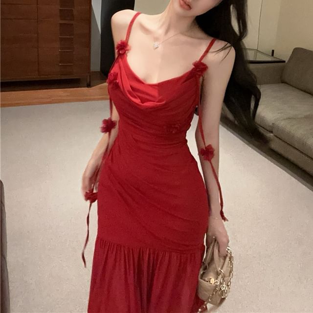 Maxi Plain Strap Ruched Spaghetti Detail Dress Flower Mermaid Side-Slit