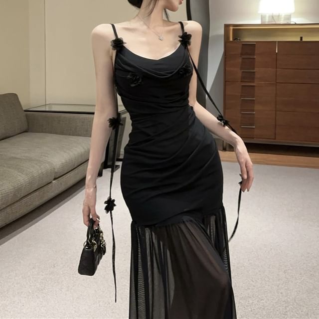 Maxi Plain Strap Ruched Spaghetti Detail Dress Flower Mermaid Side-Slit