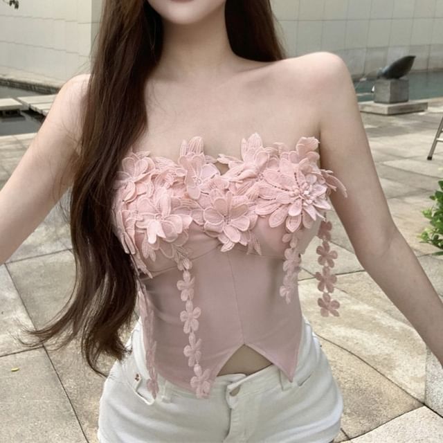 Front-Slit Plain Tube Detail Flower Top