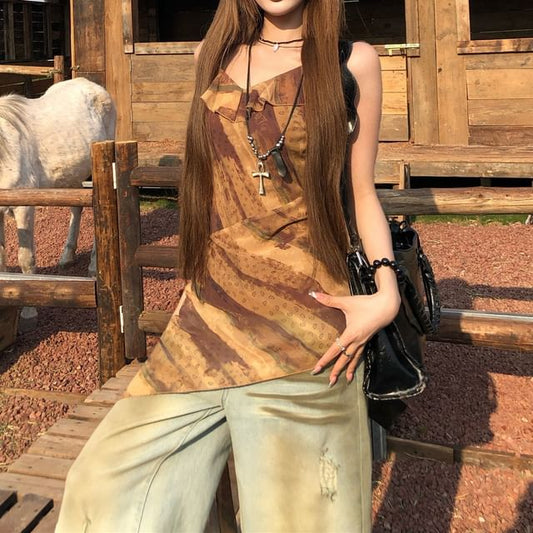 Asymmetrical Printed Top Camisole Ruffled