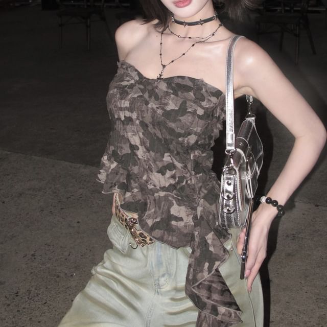 Tube Ruffled Camo Top Print Asymmetrical