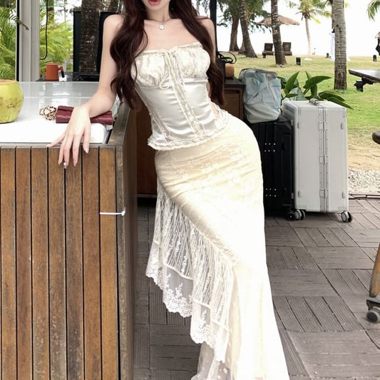 Fishtail Rise Top Skirt Camisole Satin / Maxi High Drawstring Lace Trim