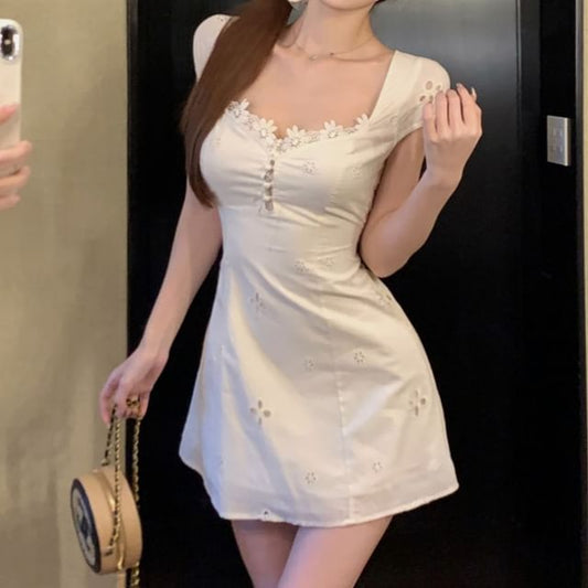 Trim Floral Square-Neck A-Line Mini Dress Short-Sleeve